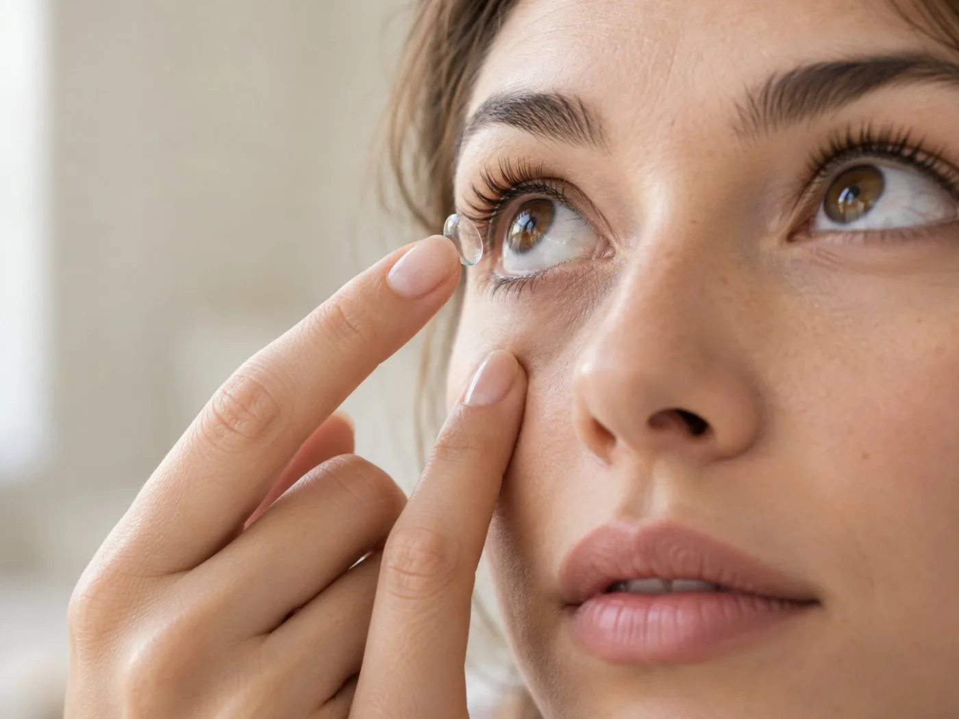 Pose d'une lentille de contact du bout du doigt